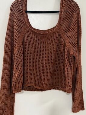 Open-Weave Scoop Neck Sweater in Rust Brown